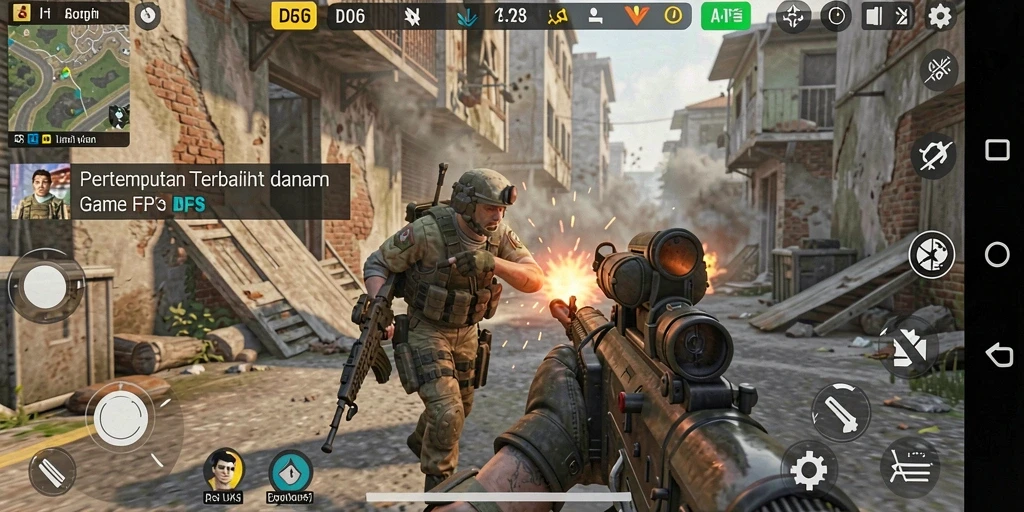 Screenshot D06 memperlihatkan pertempuran FPS yang intens dan mendebarkan.