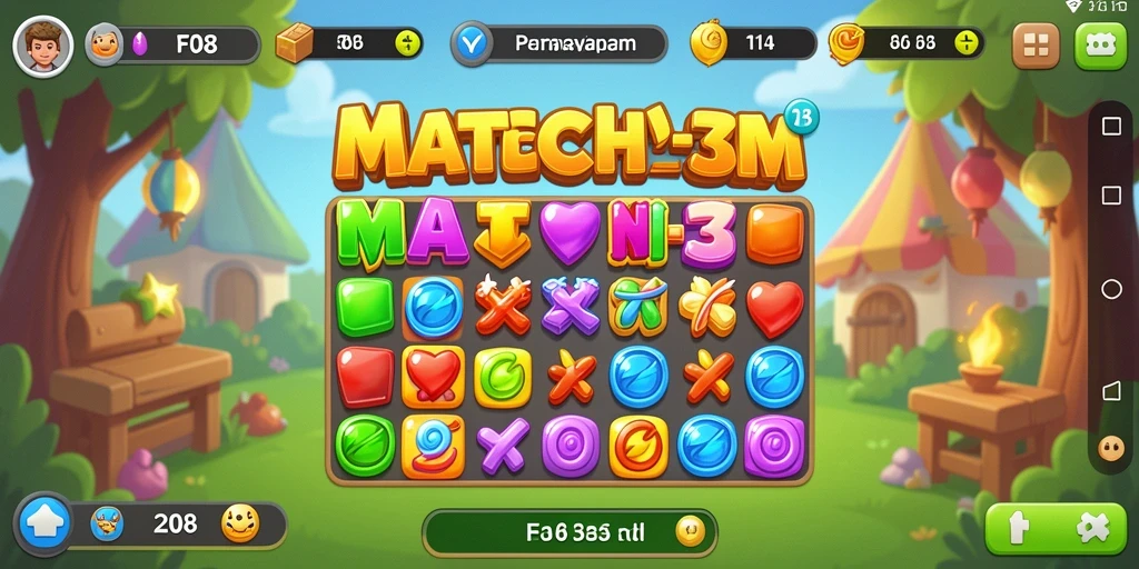Tangkapan layar F08 menampilkan gameplay Match-3 yang seru dan menarik.