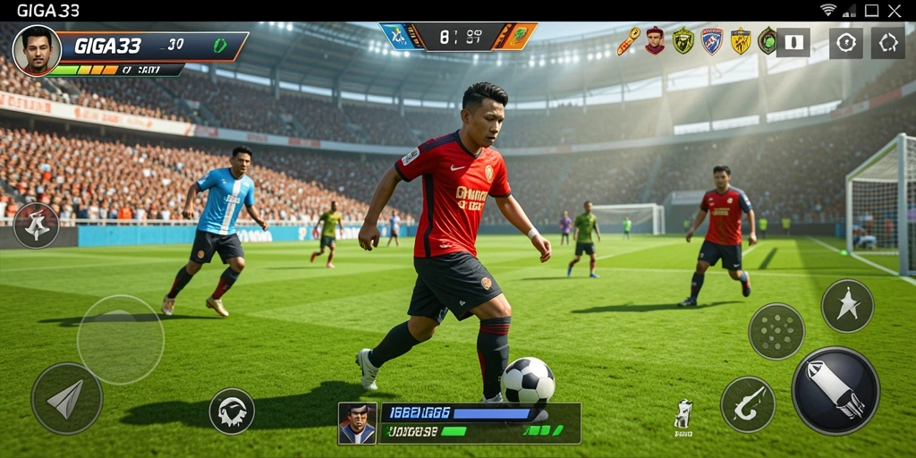 Screenshot menampilkan pertarungan seru di lapangan sepakbola.