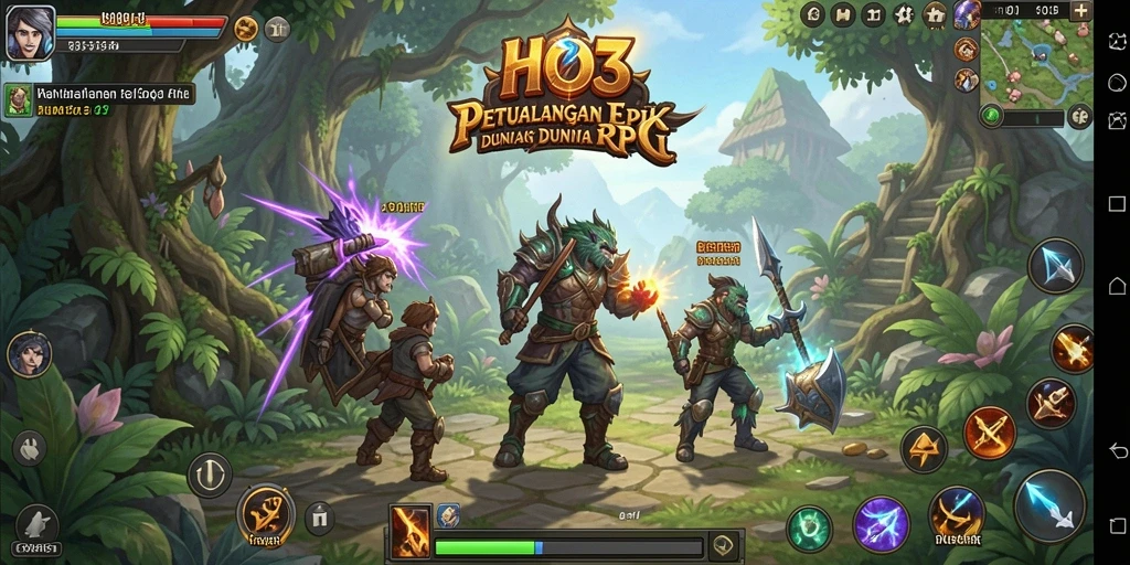Screenshot gameplay HO3 menampilkan pertempuran seru dalam dunia RPG.