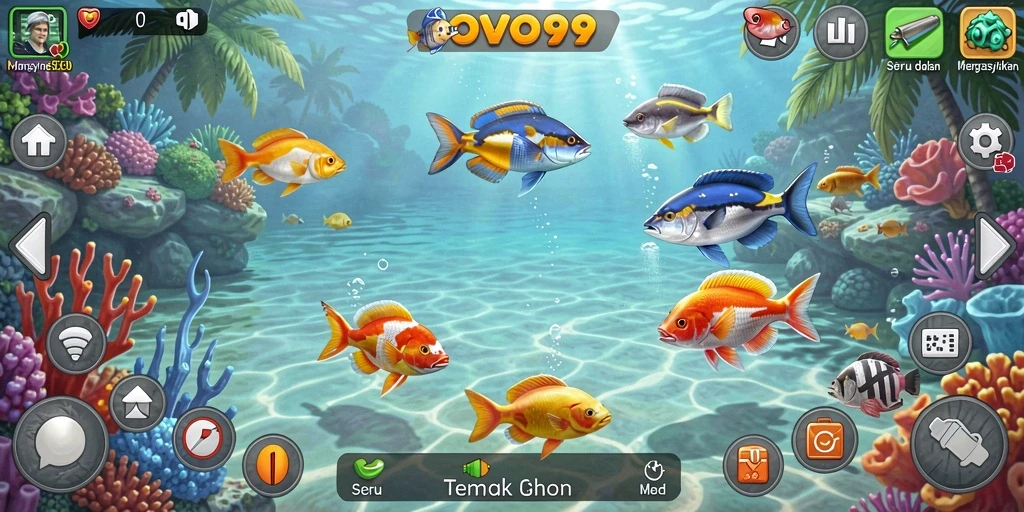 Tampilan gameplay menarik OVO99 dengan berbagai ikan berwarna-warni.