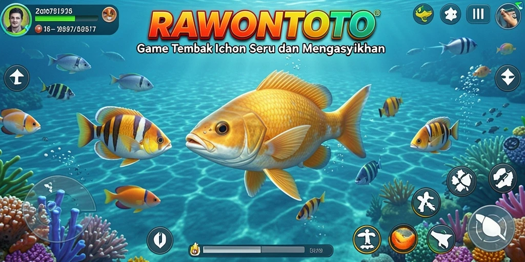 Tampilan gameplay seru di RAWONTOTO dengan aksi menembak ikan.