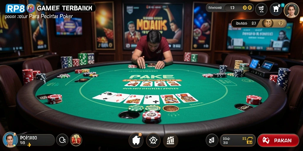 Screenshot utama RP8 menampilkan gameplay intens dari permainan Poker.