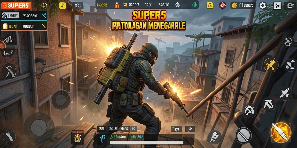 Screenshot SUPER5 menampilkan aksi menegangkan dalam permainan Battle Royale.